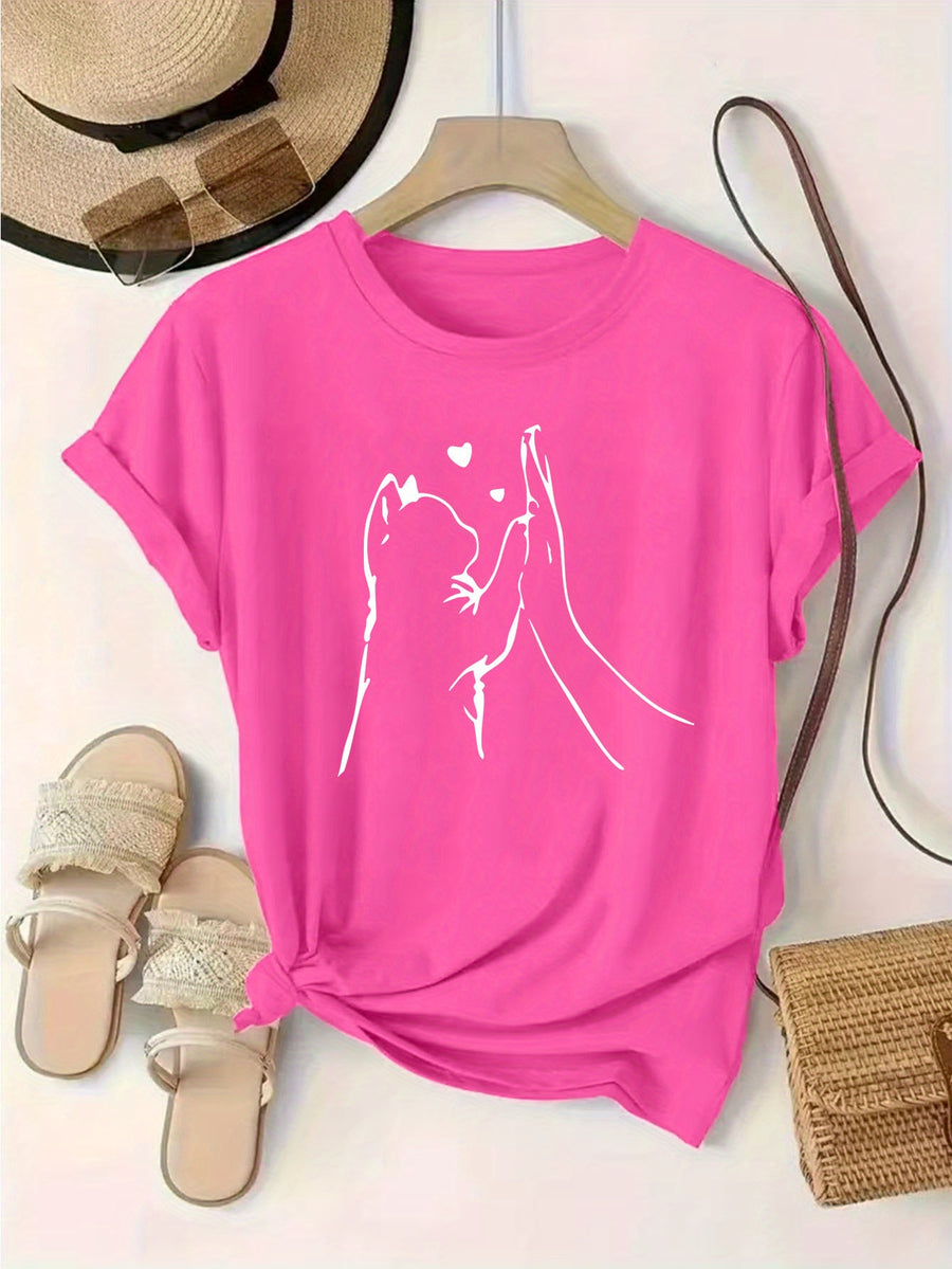 Women'S Fashion Pattern Printed T-Shirt, Round Neck Top, Casual Short Sleeve Top, Comfortable And Soft Knitwear - Rose Red