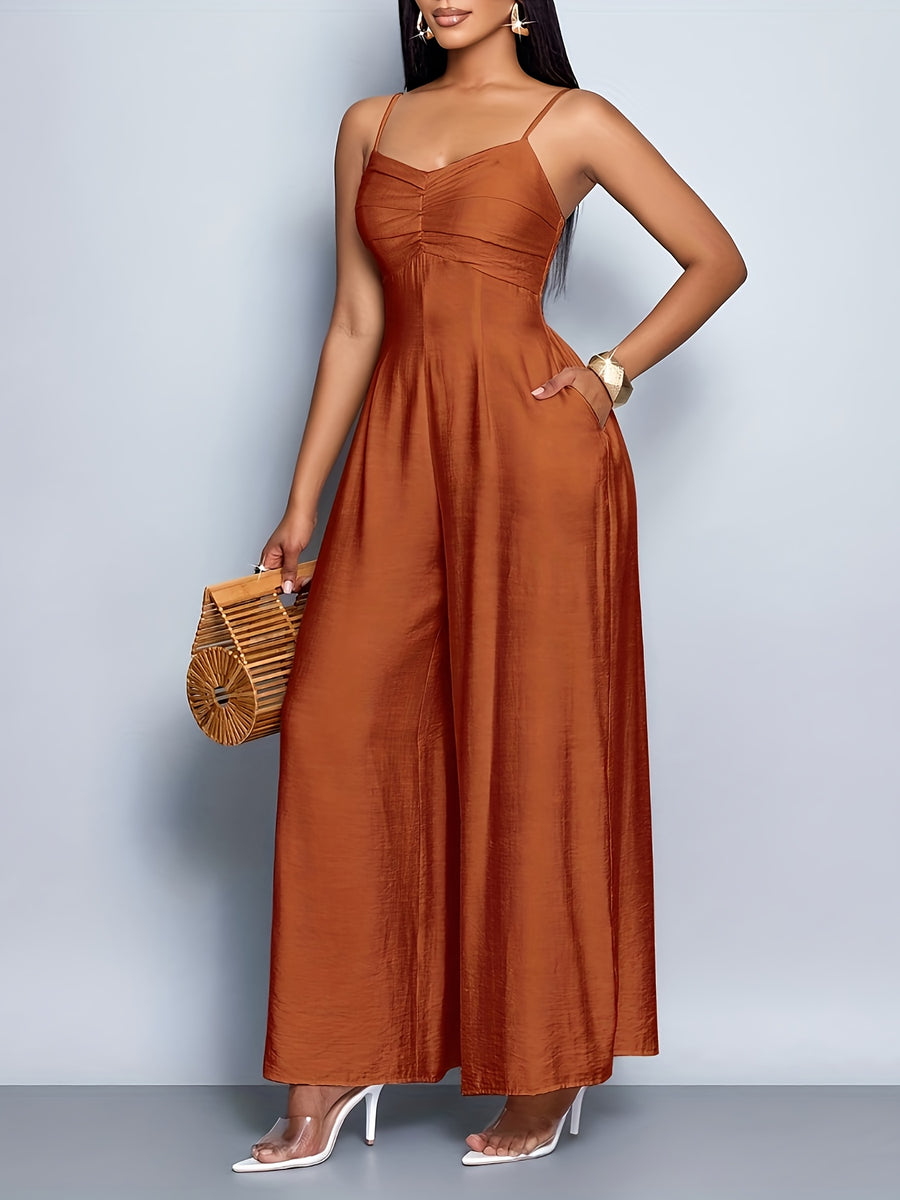 Women'S Draped Front Lace Up Backless Wide Leg Cami Jumpsuit | Elegant Solid Color, Sleeveless, Long Length, Suitable for Everyday Wear & Vacation - Maroon
