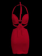 Women'S Halter Neck Hollow Out Hip Wrap Mini Dress Chest Pleated Metal Decoration Party Dress - Red
