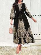 Vintage Graphic Print Belted Dress, Elegant Crew Neck Lantern Sleeve Dress For Spring & Fall, Women's Clothing - Black