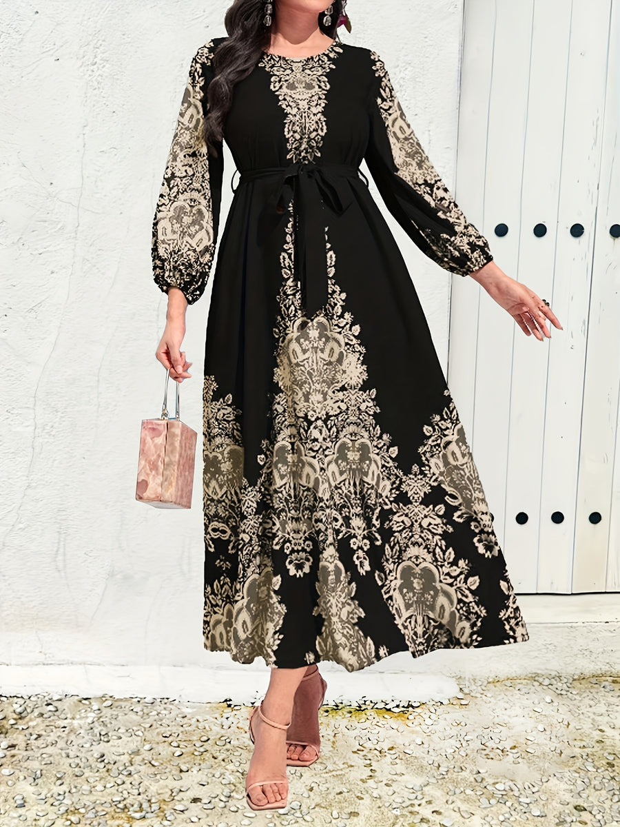 Vintage Graphic Print Belted Dress, Elegant Crew Neck Lantern Sleeve Dress For Spring & Fall, Women's Clothing - Black