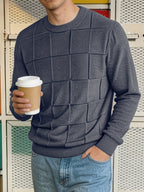 Men'S Round Neck Plaid Textured Knit Sweater, Long Sleeve Soft Lightweight Pullover, Suitable for Business Casual Wear - Dark Grey