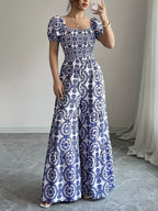 Square Neck Short Sleeve Vintage Floral Print Loose Elegant Wide-Leg Jumpsuit, Vacation Wear, Bohemian - Multicolor