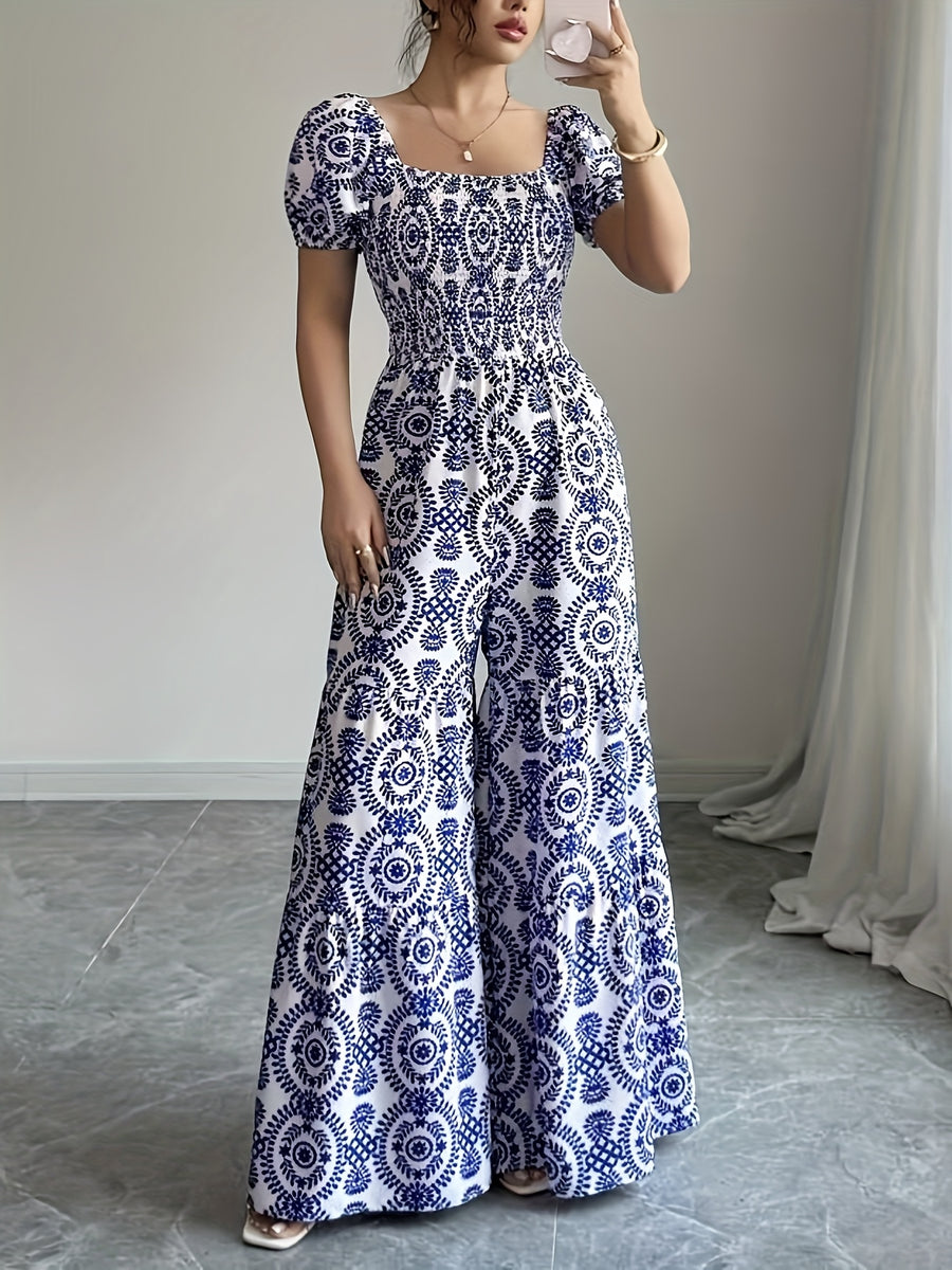 Square Neck Short Sleeve Vintage Floral Print Loose Elegant Wide-Leg Jumpsuit, Vacation Wear, Bohemian - Multicolor
