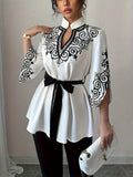 Ladies' Elegant Printed Mid-length Loose Belted Shirt - White