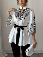 Ladies' Elegant Printed Mid-length Loose Belted Shirt - White