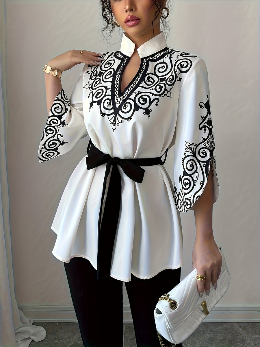 Ladies' Elegant Printed Mid-length Loose Belted Shirt - White