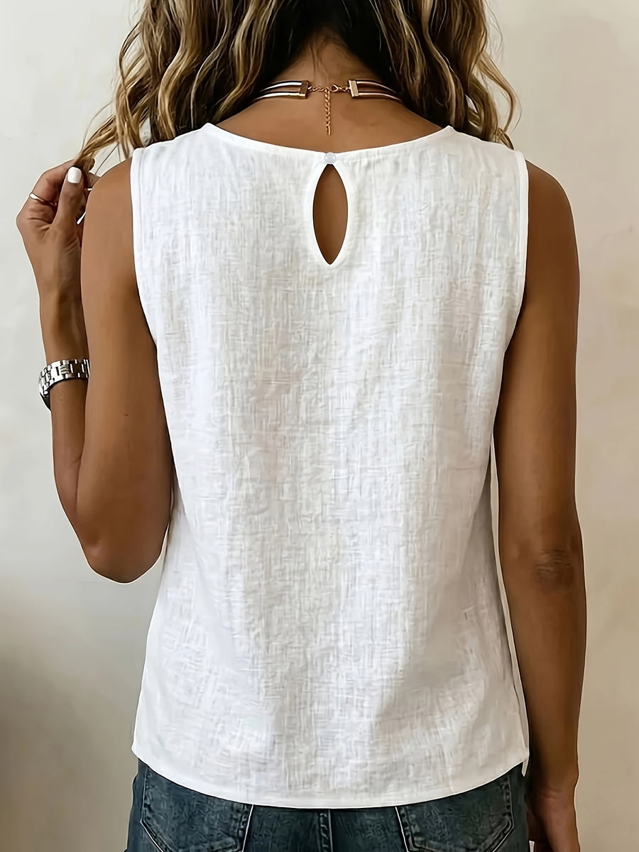 Summer Minimalist Style Round Neck Side-Button Versatile Sleeveless Shirt - White