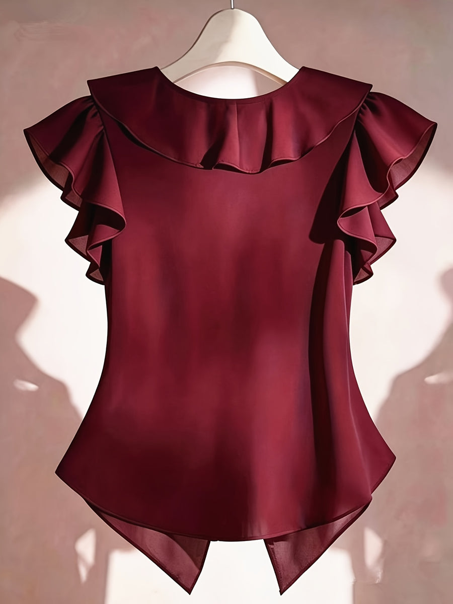 Summer French Solid Ruffled Fly Short Sleeve Shirt Chiffon Top Women'S - Burgundy