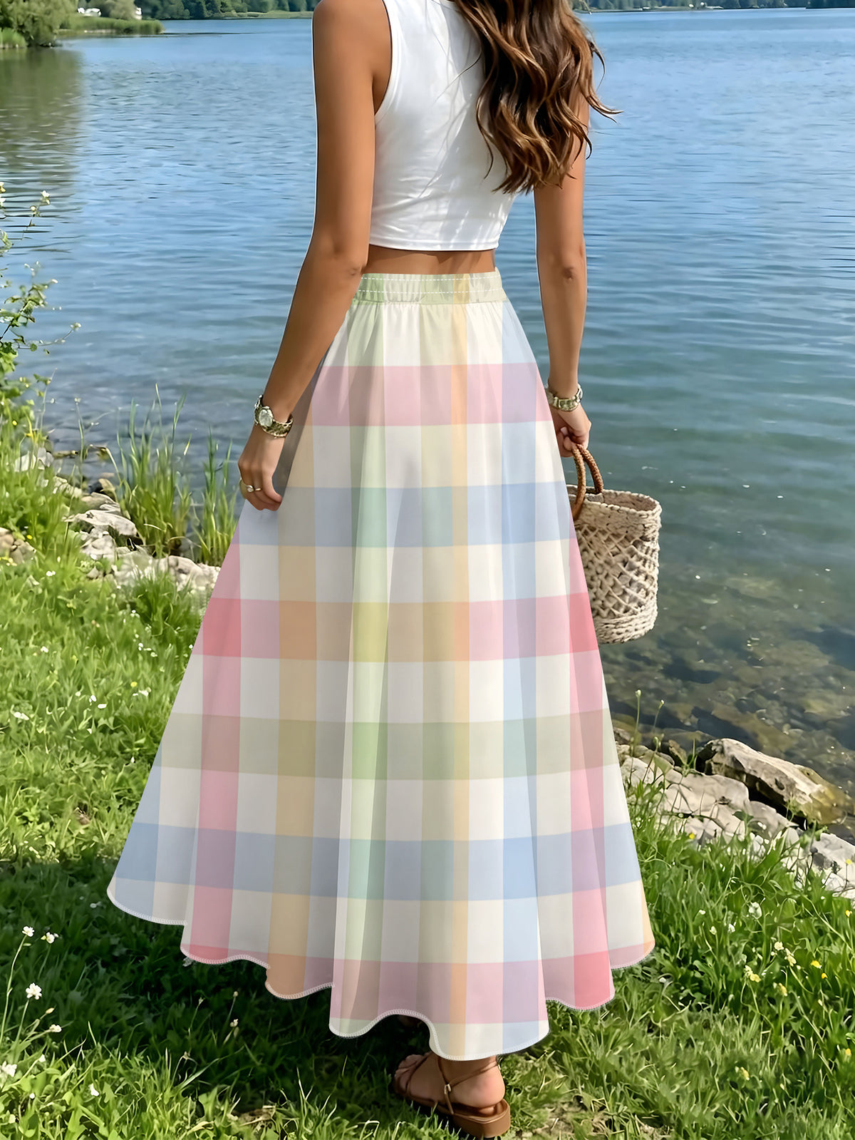 Fresh Colorful Plaid High-Waist A-Line Flared Skirt, Summer Casual Vacation Style - Mixed colors