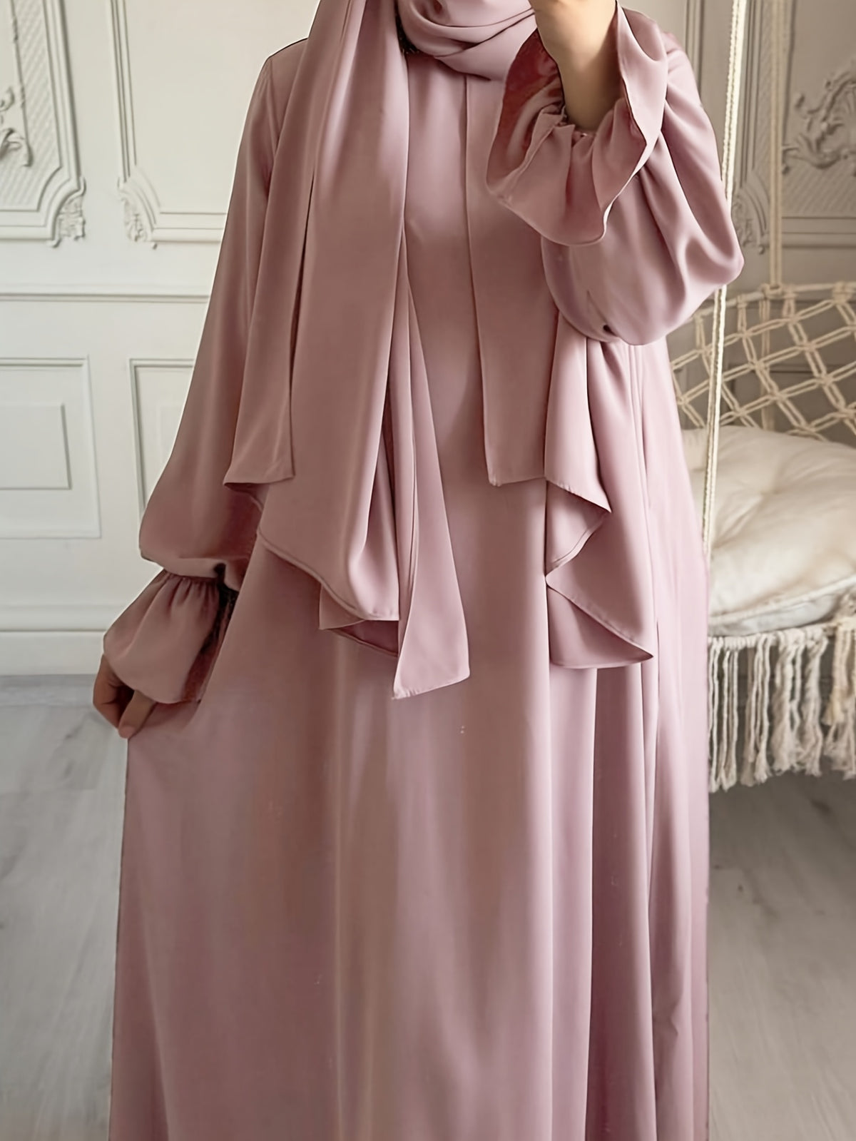 1pc Fashionable, Elegant and Casual One-piece Solid-colored Bellows Sleeve Suitable for Daily Wear. Loose and Comfortable Women's Abaya Robe.abayas for Women Muslim Kleider Damen Abaya for Women Stylish Khimar Ladies Abaya - Pink Color