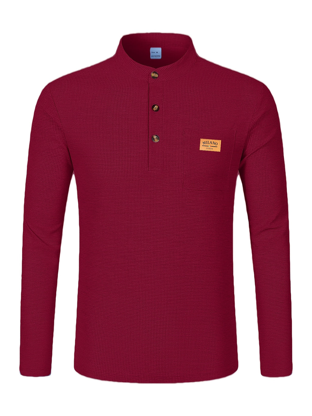 Maqiqi OBM Men's Fashion Waffle Knit Long Sleeve Henley Shirt, Stand Collar Button-Up Top with Chest Pocket and Positioned Printed LOGO, Casual Regular Fit Solid Color Spring/Autumn Daily Top - Burgundy