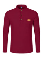 Maqiqi OBM Men's Fashion Waffle Knit Long Sleeve Henley Shirt, Stand Collar Button-Up Top with Chest Pocket and Positioned Printed LOGO, Casual Regular Fit Solid Color Spring/Autumn Daily Top - Burgundy