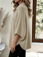 Plus Size - Women'S Elegant Casual Cute Sexy Bohemian Style Spring Autumn Solid Color V-Neck with Lapel 3/4 Sleeve Curved Hem Slit Irregular Loose Soft Warm Shawl Cape Pullover Sweater Top - Khaki