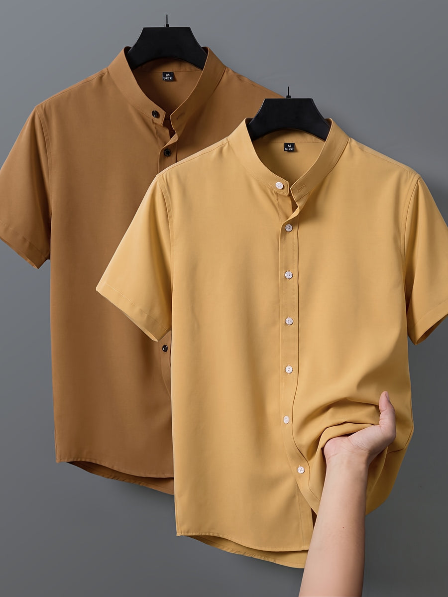 2pcs Men's Short-Sleeve Shirts, Henley/Stand-Up Collar Design, Summer Casual Outerwear - Color #16