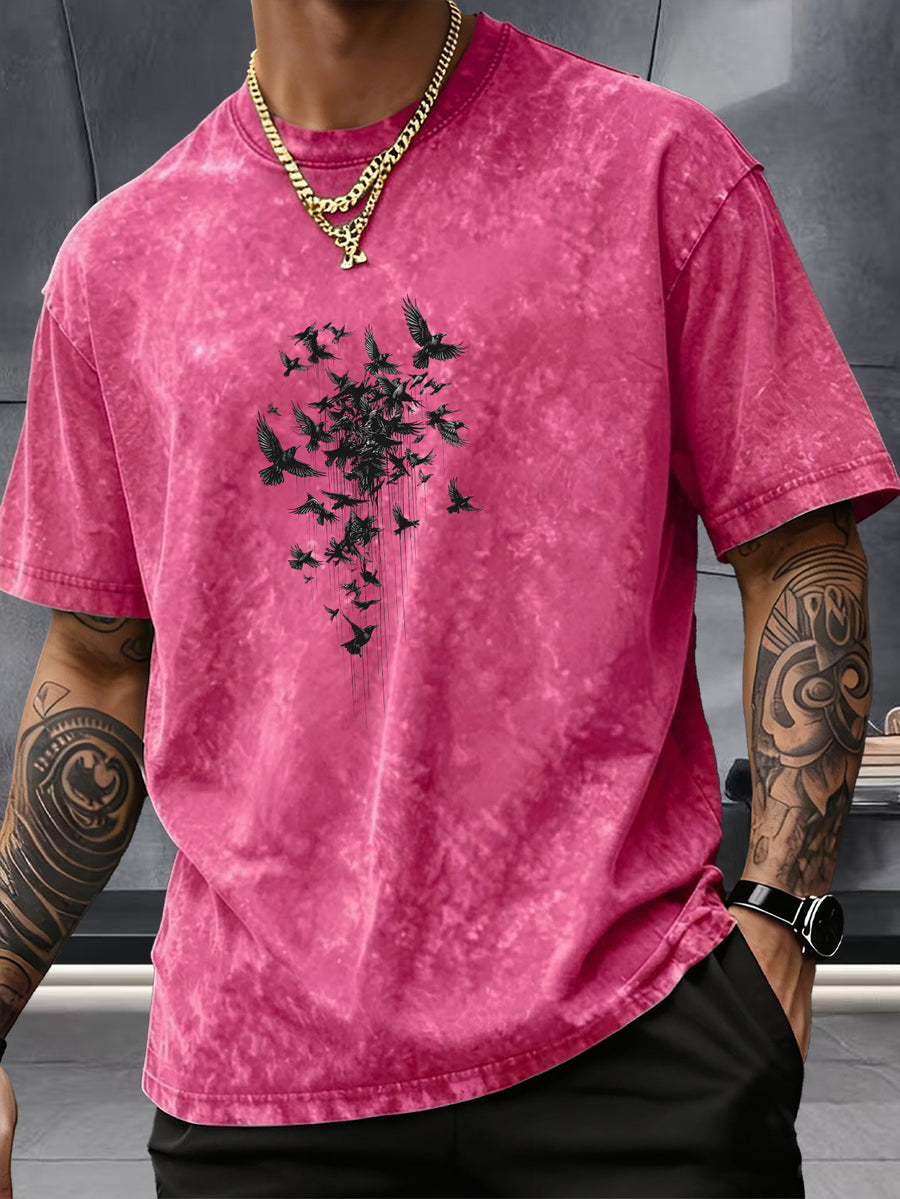 Short Sleeve Top, Pure Washed Distressed Loose Short Sleeve, Raven Flying Bird Front And Back Trendy Print Casual Match, American Street High Street Hip-Hop Couple Style, Daily Outing Commute Sports Fitness Street Style Y2K National Trend T-Shirt - Rose Red