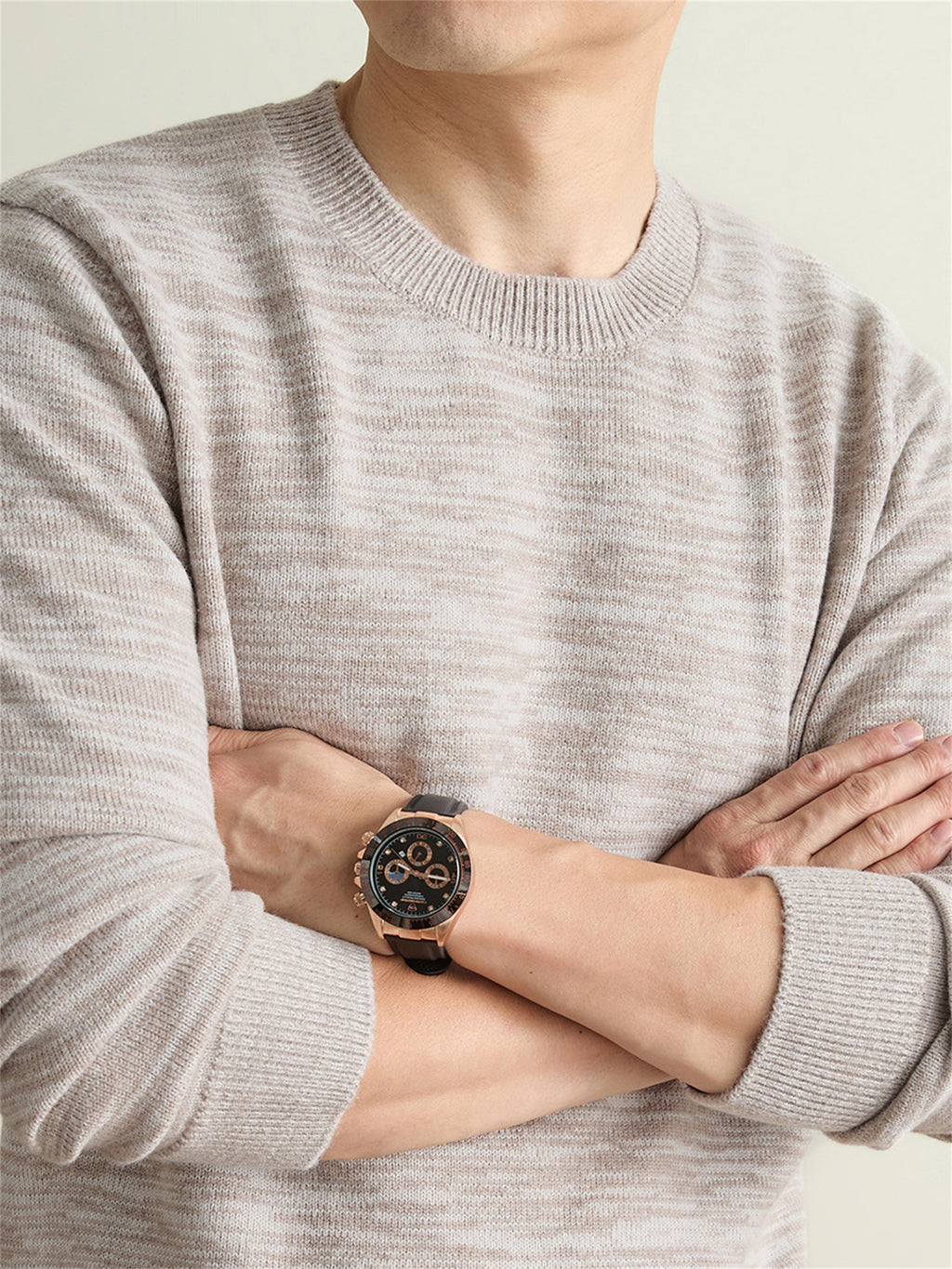 Autumn Winter Knit 3D Solid Round Neck Sweater, Basic Knit Pullover Top for Men, Fashionable Long Sleeve Sweater, Size Y - Beige Color