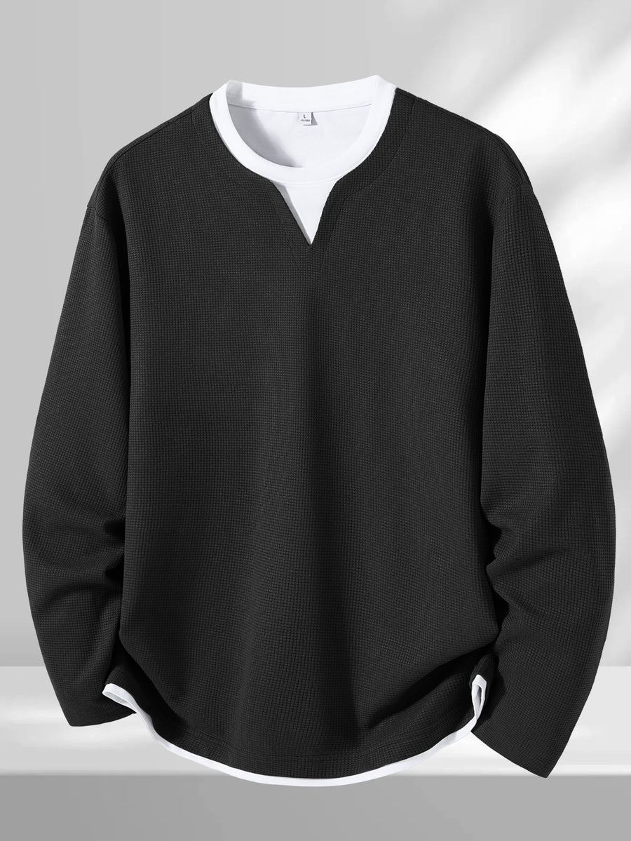 Men'S Spring And Autumn Fashion Waffle Long Sleeve T-Shirt - Black