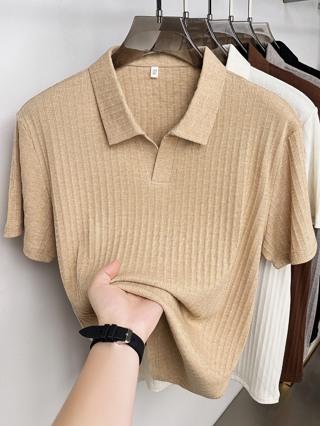Men'S Vertical Striped V-Neck Knit Shirt, Summer Lapel Men'S Short-Sleeved T-Shirt, Solid Color Striped POLO Shirt, Casual Business Versatile Top, Commuting Men'S Clothing, Temperament Men'S Top - Khaki