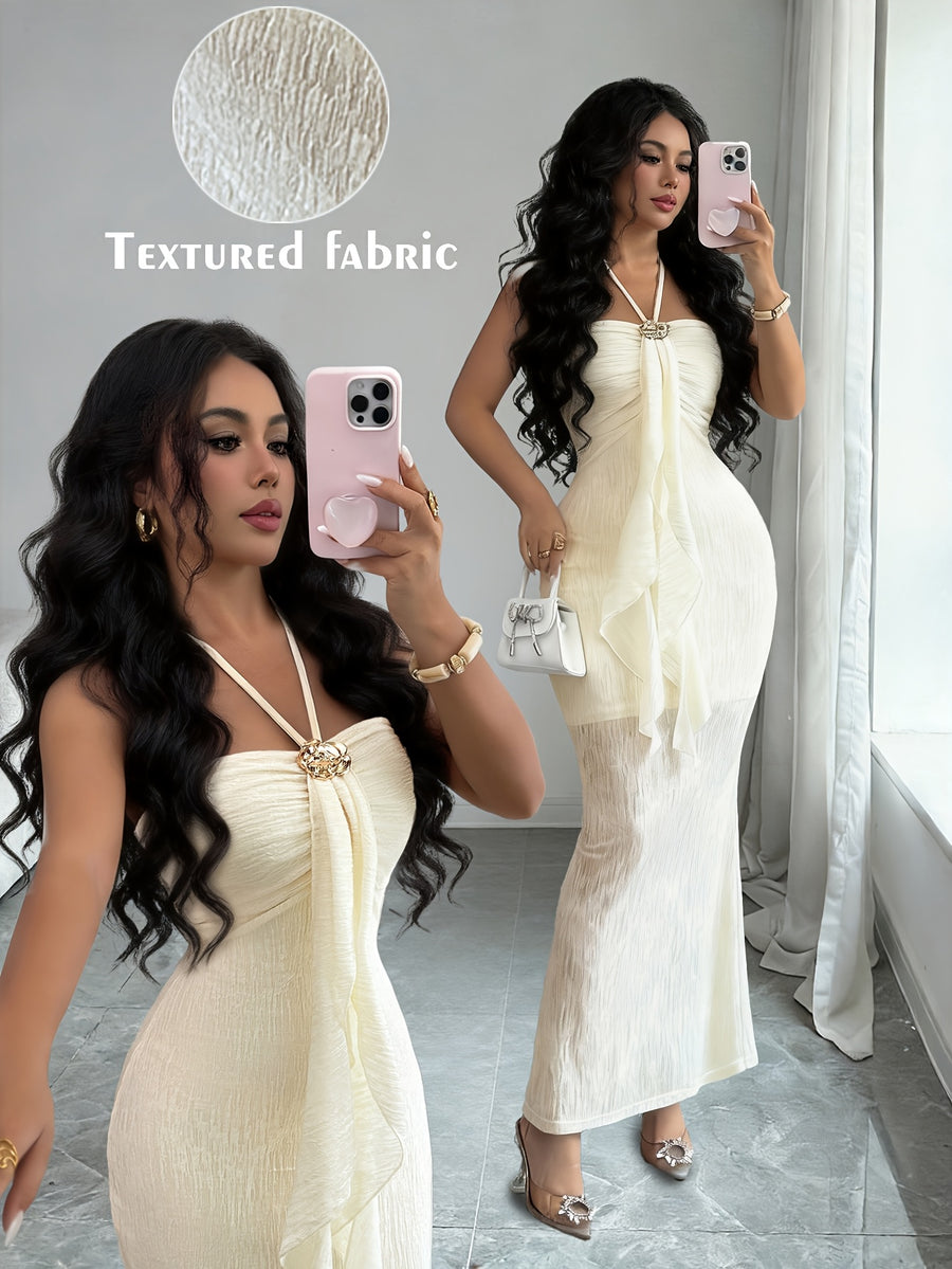 Women's Mesh Sheer Bodysuit with Metal Rose Design, Waist-Cinching, Hip-Hugging, Elegant Vacation Gown Style Party Cocktail Dress - Apricot