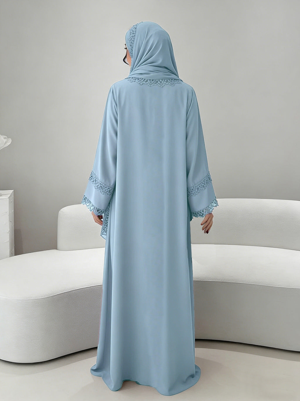 [Size UP for Regular Fit] Women's Spring/Summer Elegant Lace Patchwork Robe Dress 2pcs Set, Women's Elegant Outfit - Sky Blue