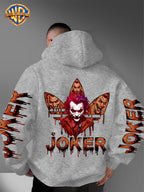 Warner Bros. Official DC Joker Multi-Character Avatar Brown-Toned Fluid Drip Graffiti Men's Fashion Hooded Sweatshirt, Sleeve Print Design, Kangaroo Pocket, Drawstring Hood, Suitable for Daily Wear and Outdoor Sports, an Excellent Choice for Warmth - Light Grey