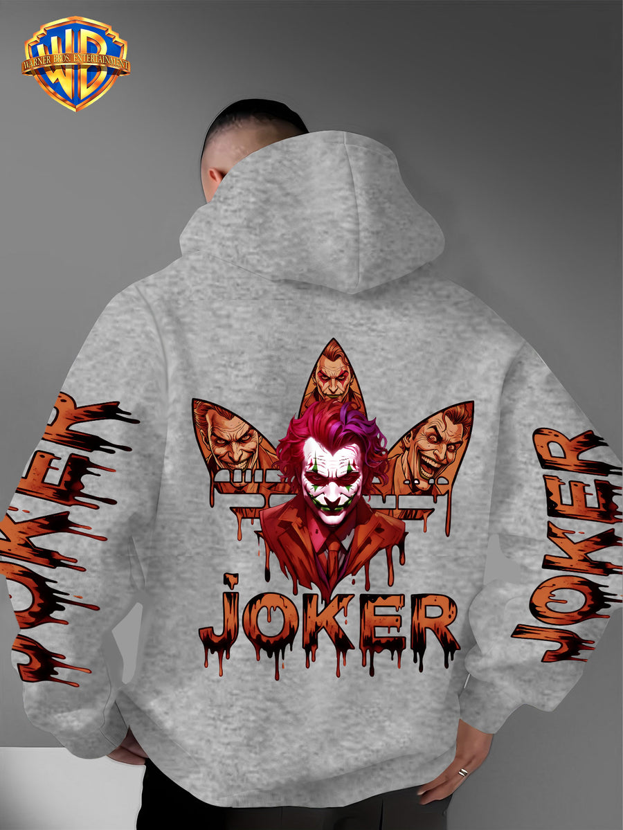 Warner Bros. Official DC Joker Multi-Character Avatar Brown-Toned Fluid Drip Graffiti Men's Fashion Hooded Sweatshirt, Sleeve Print Design, Kangaroo Pocket, Drawstring Hood, Suitable for Daily Wear and Outdoor Sports, an Excellent Choice for Warmth - Light Grey