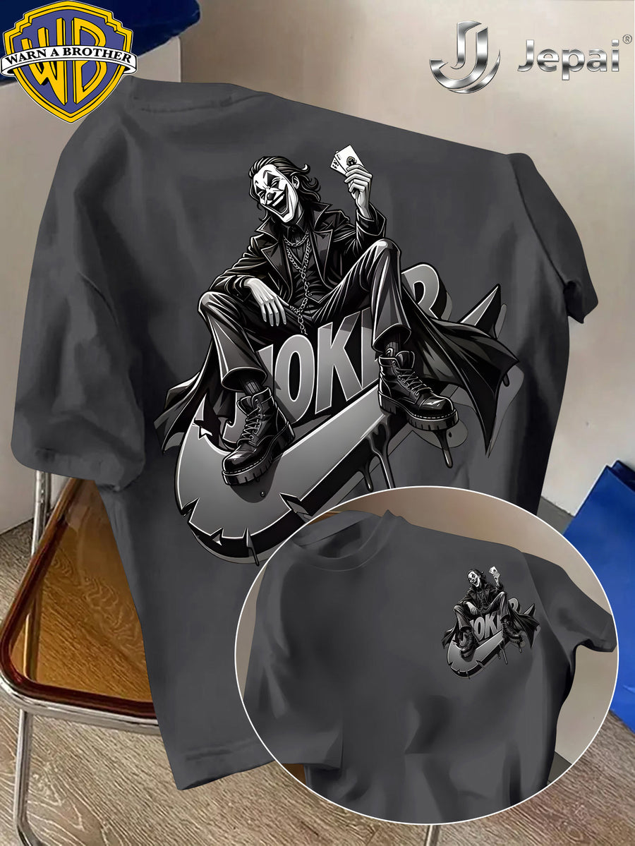 Warner Exclusive, Vintage Street Style DC Joker Themed Print Men's Summer Basic Daily Casual Short-Sleeve Top, Casual Crew Neck Shirt, Suitable for Outdoor Wear, Fitness, Office, and Daily Outfits, an Essential Item for Men's Basic Wardrobe - Dark Gray