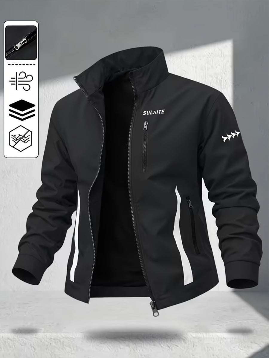 Men's Stand Collar Jacket with Color-blocking White Stripe Design and Logo, Business Casual Versatile Lightweight Windbreaker, Trendy Slim Fit Zip-up Sports Jacket, Suitable for Daily Work Wear. - Black