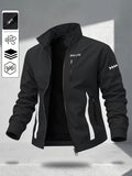 Men's Stand Collar Jacket with Color-blocking White Stripe Design and Logo, Business Casual Versatile Lightweight Windbreaker, Trendy Slim Fit Zip-up Sports Jacket, Suitable for Daily Work Wear. - Black