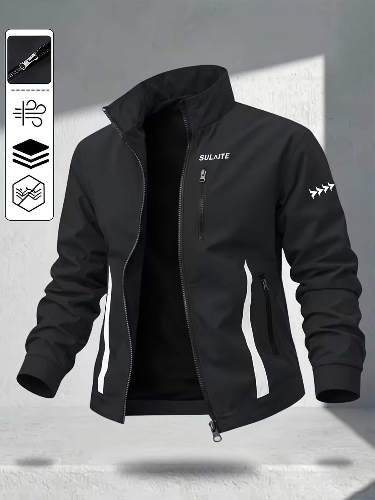 Men's Stand Collar Jacket with Color-blocking White Stripe Design and Logo, Business Casual Versatile Lightweight Windbreaker, Trendy Slim Fit Zip-up Sports Jacket, Suitable for Daily Work Wear. - Black