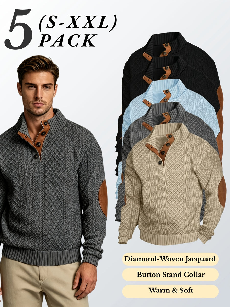 5pcs Set Men's Textured Jacquard Knit Vintage Casual Button-Up Stand Collar Long Sleeve Top, Versatile Basic Solid Color for Autumn/Winter Outings and Home Wear - Black 2 + Dark Gray + Khaki + Sky Blue