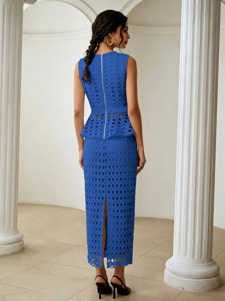 French Hollow-Out Lace Spliced Camisole Top And Straight Midi Skirt 2pcs Set, Elegant Women'S Wear for Daily Commute And Dating - Royal Blue