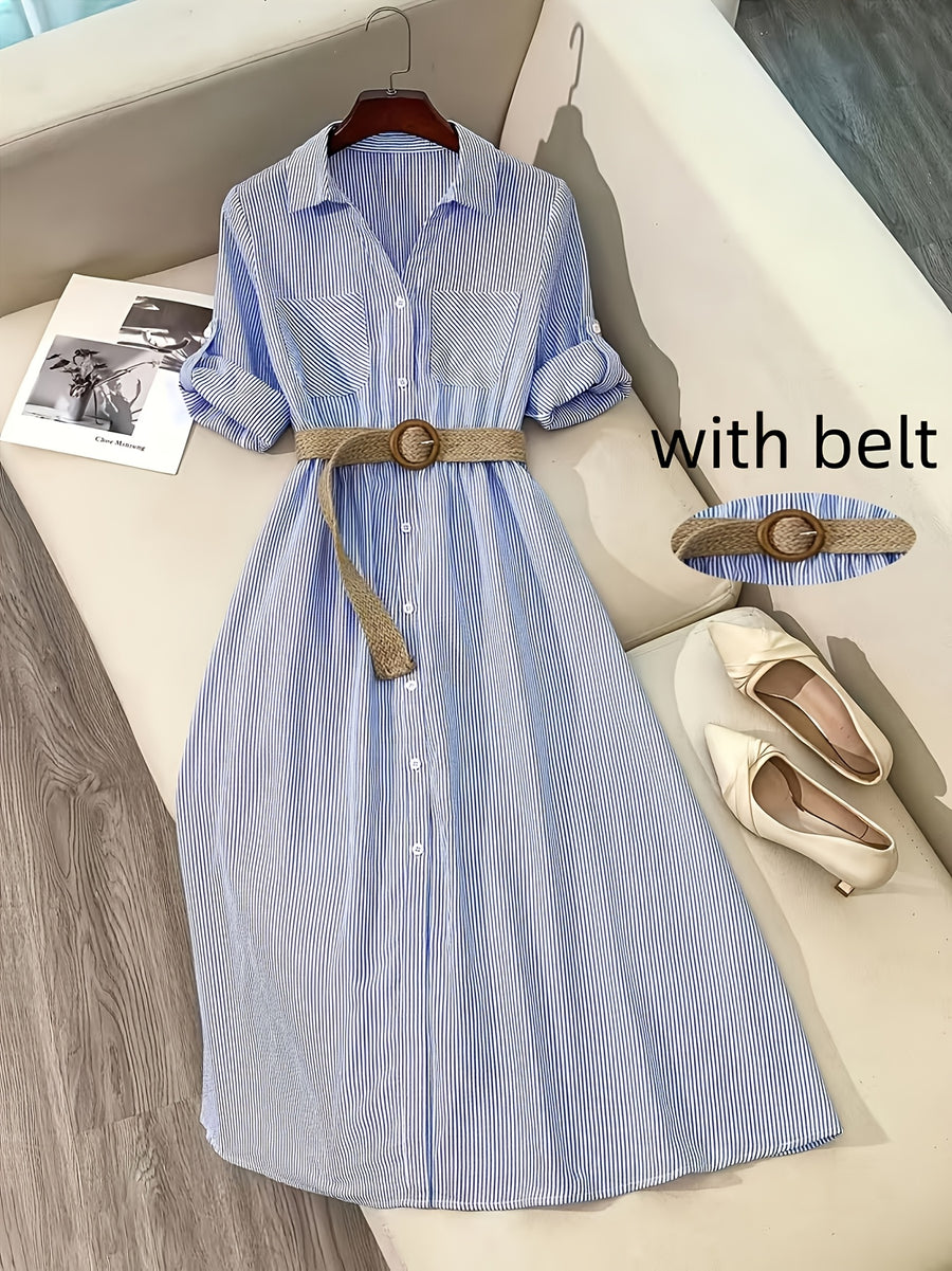 YTD Women's Casual Striped Long Sleeve Single-Breasted Pocket Long Shirt Dress HF869 with Belt - Royal Blue