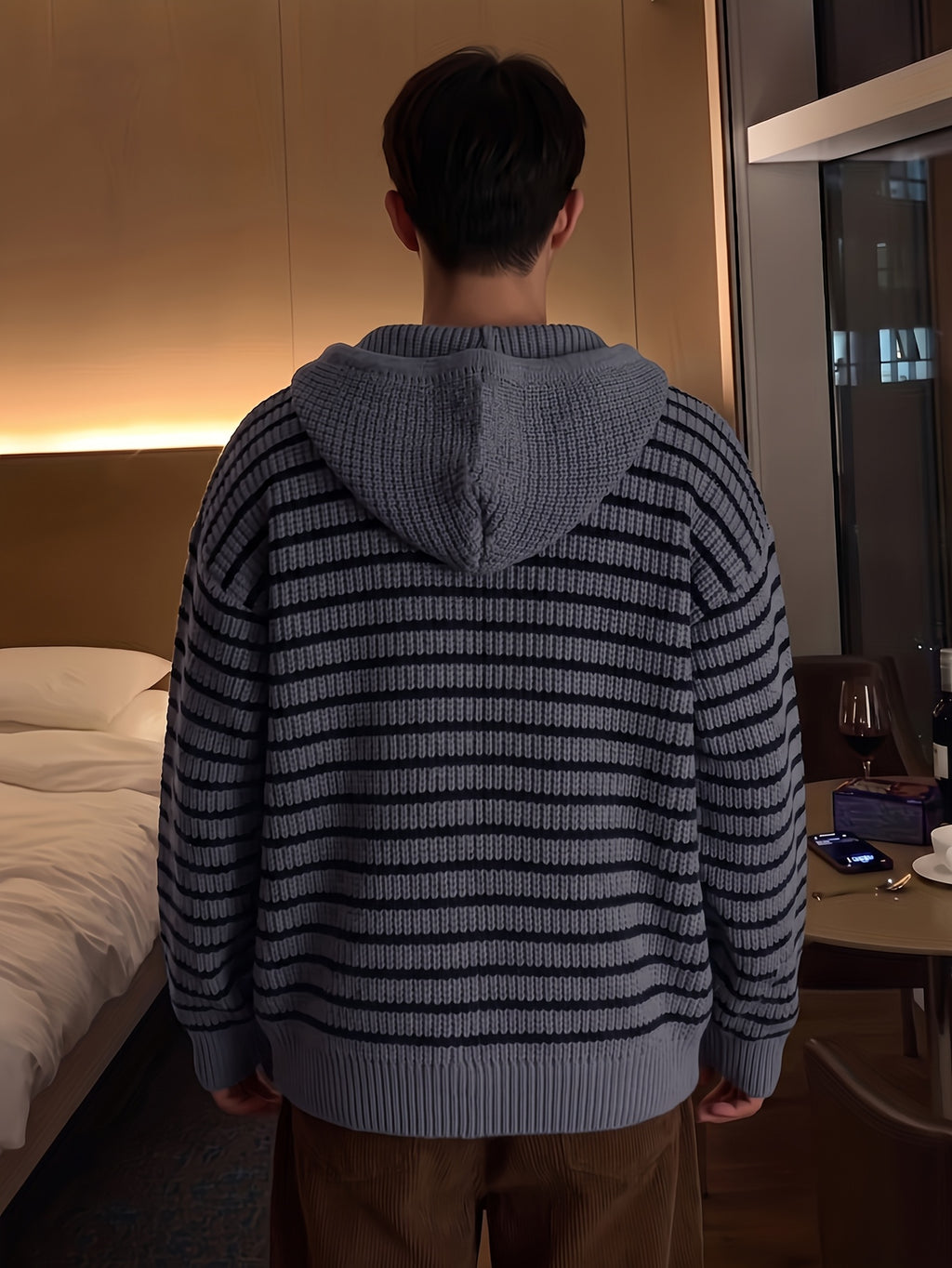New Autumn/Winter Warm Fashionable Versatile Casual Men's Knit Cardigan Long Sleeve, Lazy Style Striped Hooded Cardigan Sweatshirt, Contrast Color Outerwear Sweater with Double-End Zipper and Adjustable Drawstring, for Work, School - Grey