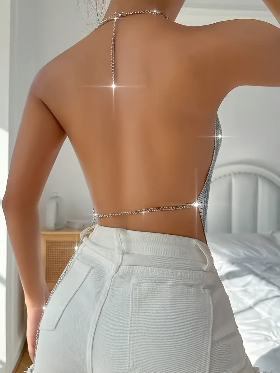 Sexy Off-shoulder Top with a New Golden Backless V-neck Bra Top for Beach Party Style. Ladies' Tank Top. - Silvery Grey