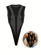 Elegant V-Neck Sheer Bodysuit | Summer New Arrival, Sexy Slim Fit, Solid Color, Fashion Street Style - Black