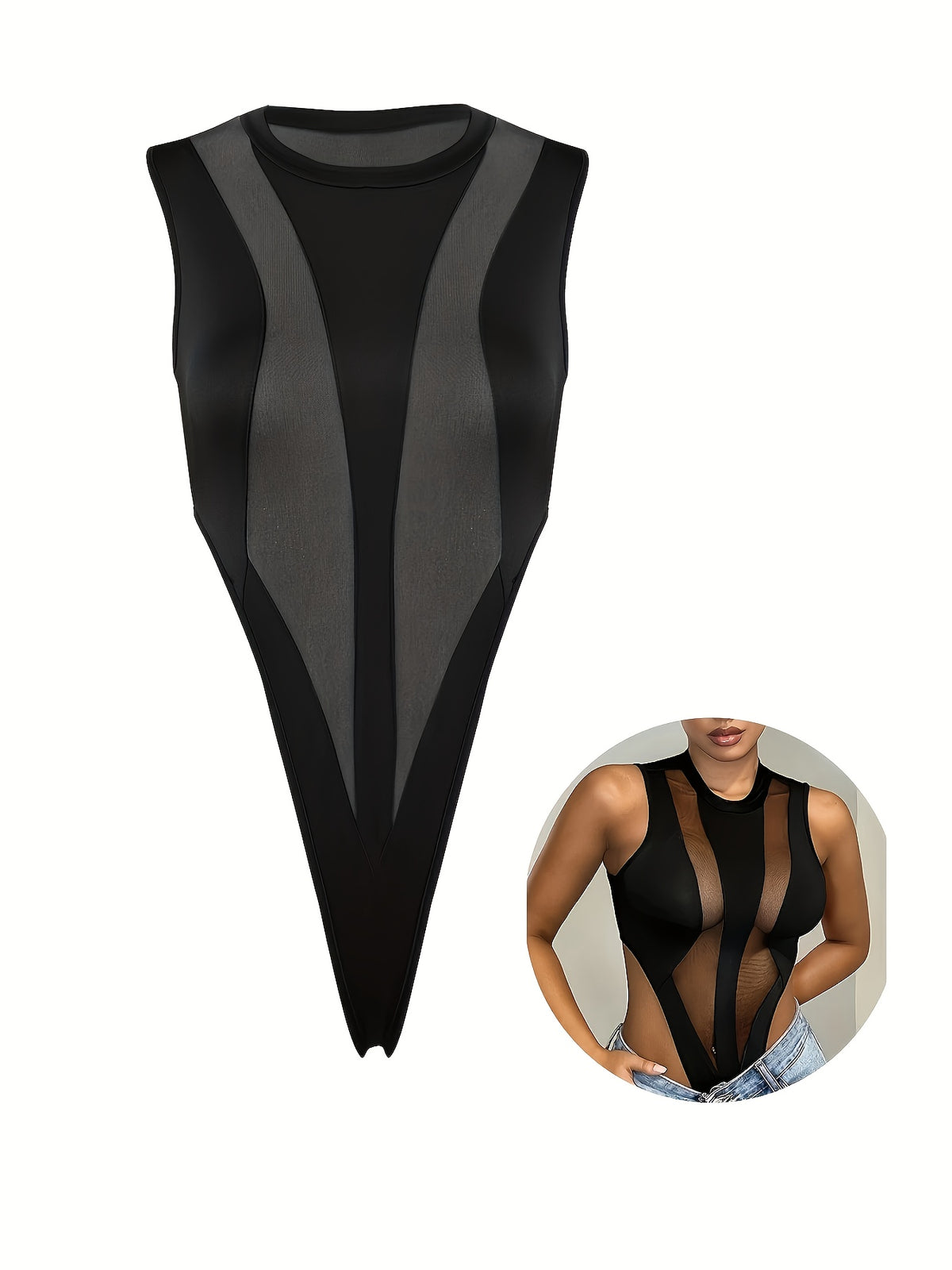 Elegant V-Neck Sheer Bodysuit | Summer New Arrival, Sexy Slim Fit, Solid Color, Fashion Street Style - Black