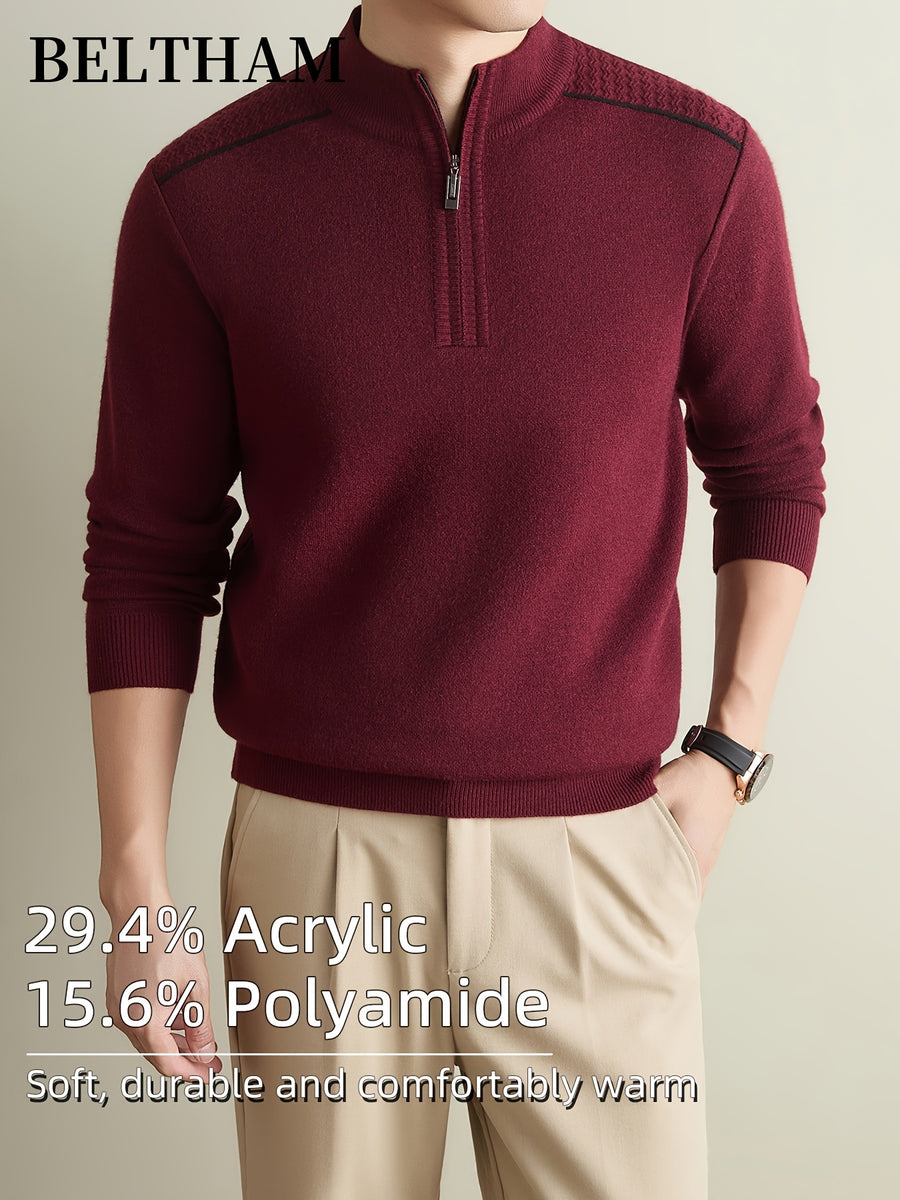 Autumn Winter Men'S Long Sleeve Pullover Knit Sweater, Ideal Gift for Father And Husband, Mock Neck Zipper Design, Warm Soft Comfortable Knitted Jumper, Elegant Fashion Top for Daily Casual Sports Fishing Camping Outdoor Wear - Burgundy