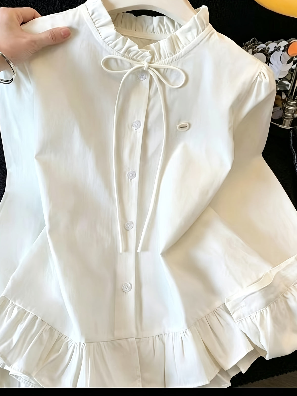 Light Blue Ruffle Tie-Waist Shirt for Women, Spring/Summer Ruffle Textured Blouse, Fresh and Gentle Style Top - White