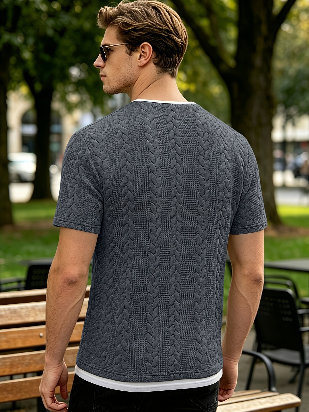 Summer Vintage Vertical Stripe Twisted Cable Embossed Men's Short Sleeve Double-Layer 2-in-1 Look Layered Design Henley Collar T-Shirt, Breathable Textured Versatile Top for Daily Commuting - Dark Gray