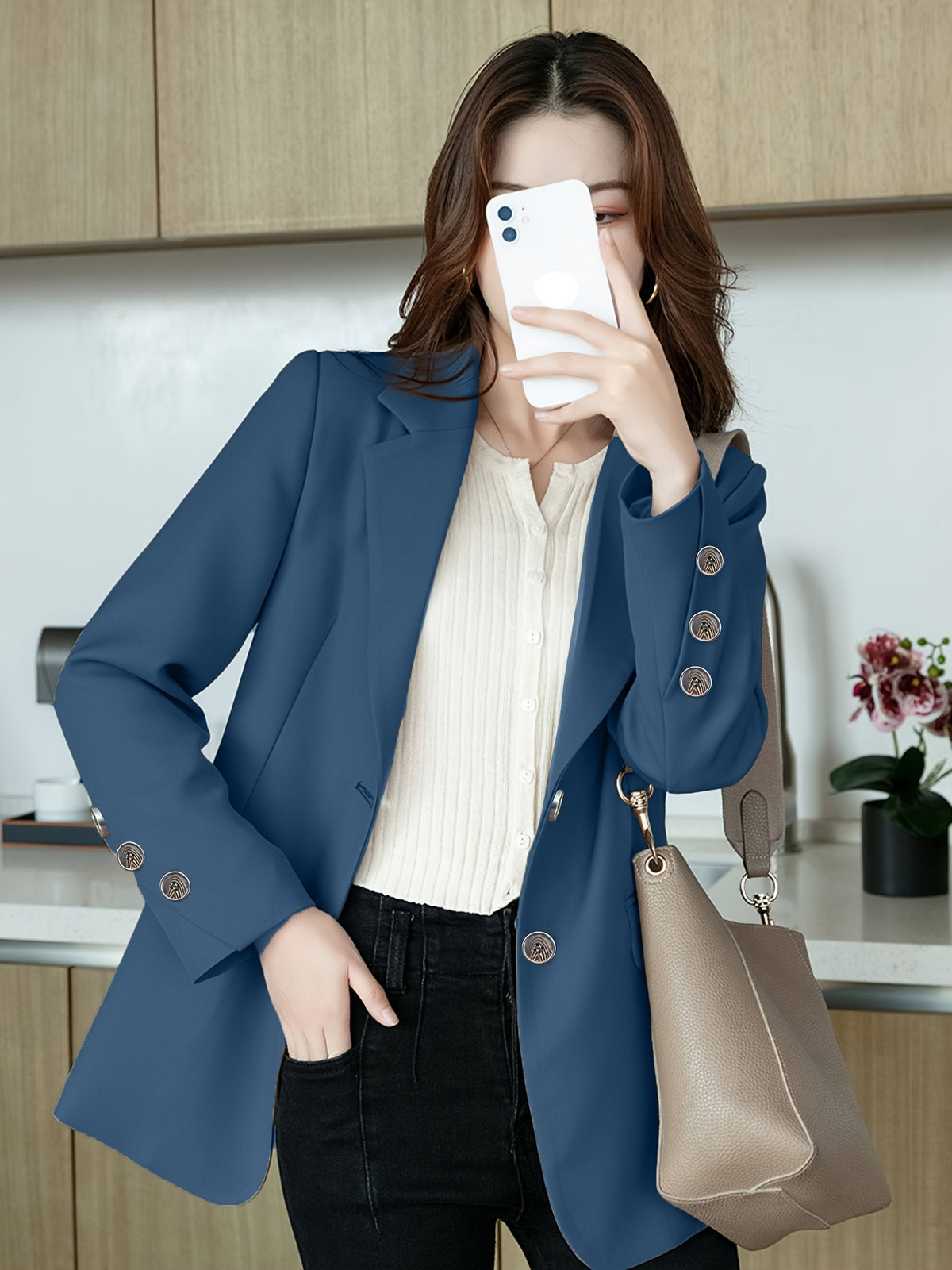 Casual Suit Collar Single-Button Suit European And American Loose Commuter Special Cuff Mid-Length Solid Color Suit Collar Lapel Versatile Jacket Lan - Navy Color