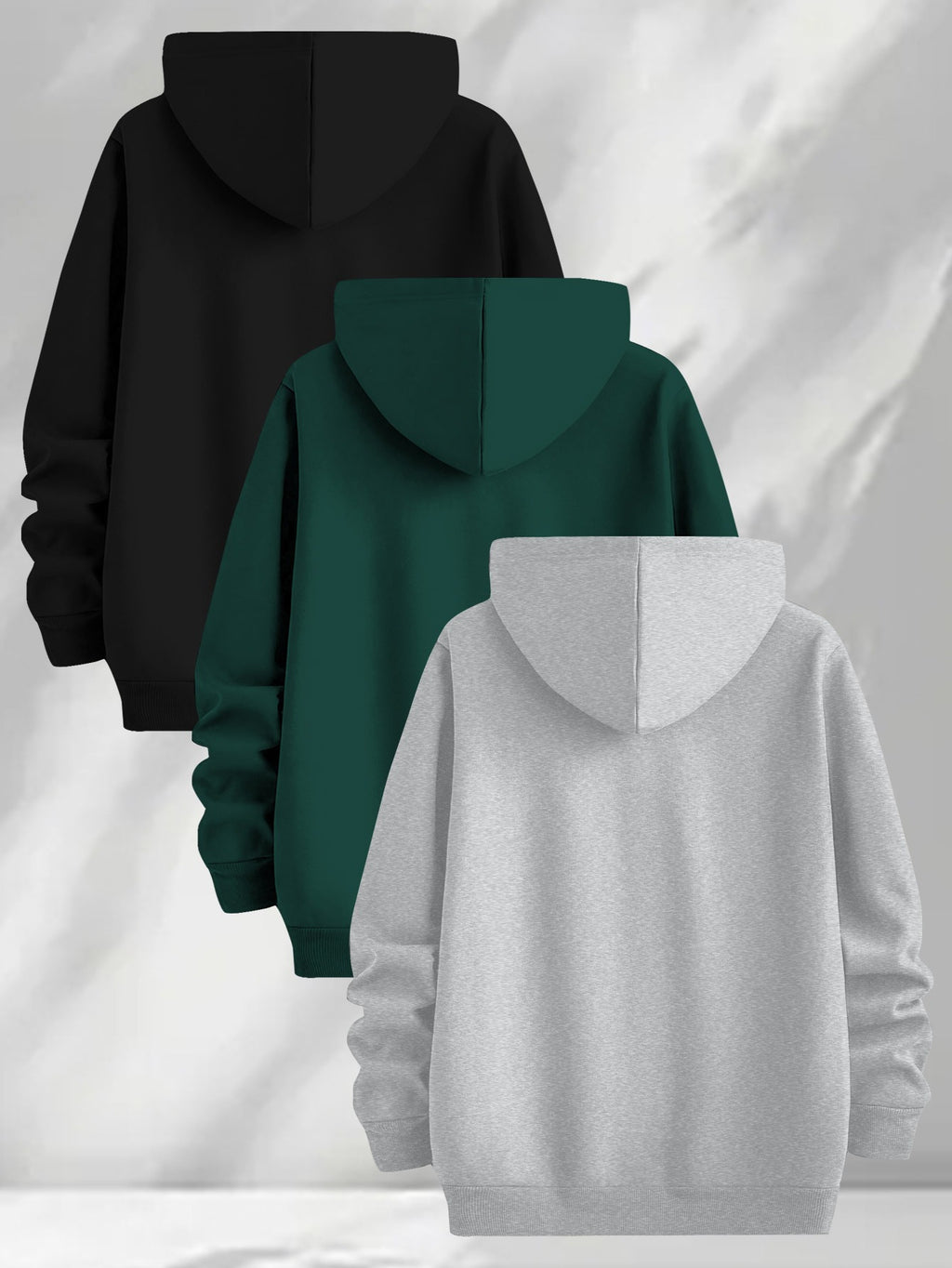 3pcs Urban Element Print Sweatshirt, Men's Casual Hooded Sweatshirt, Long-sleeve Pullover, Slight Stretch, Knitted Polyester Fabric, Regular Men's Hoodie - Black + Green + Light Gray
