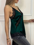 Women'S Satin Asymmetrical Cami Top, Adjustable Straps. Lace Detail on Hem, Underbust, And Neckline, Side Slit, V-Neck Design - Green