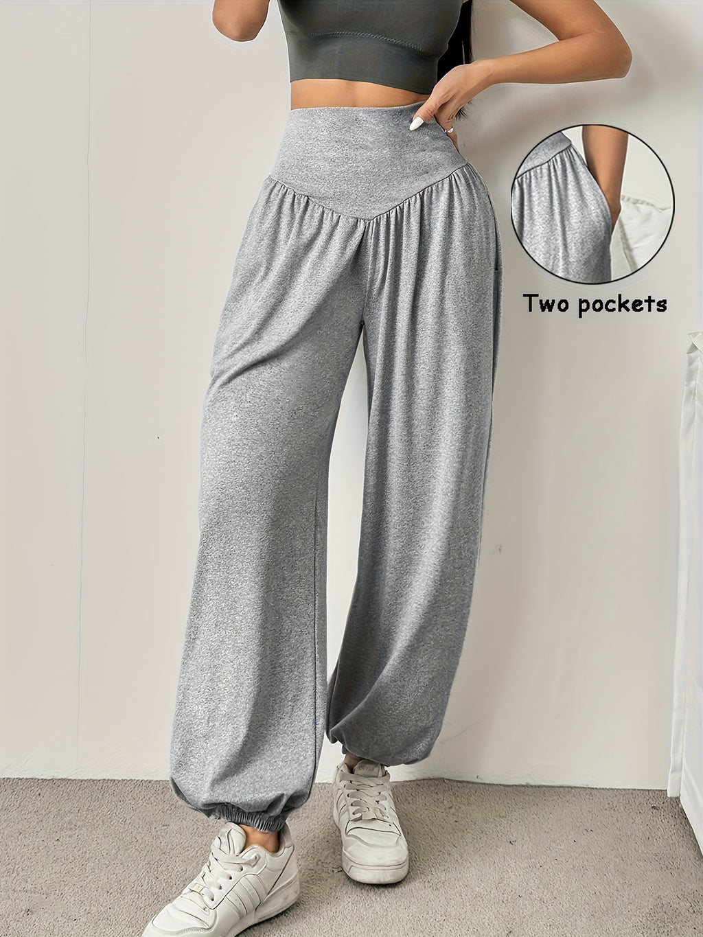 1pc Women'S High-Waist Comfortable Running Pants - Stretchy Soft Wide-Leg Casual Trousers, Suitable for Running And Fitness, Solid Color, All-Season - Light Grey
