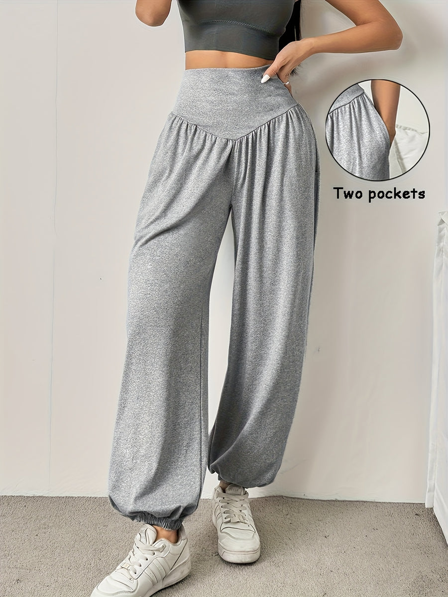 1pc Women'S High-Waist Comfortable Running Pants - Stretchy Soft Wide-Leg Casual Trousers, Suitable for Running And Fitness, Solid Color, All-Season - Light Grey
