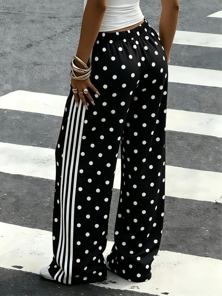 Women's New Fashion Black and White Polka Dot Side Stripe Wide-leg Pants, High-waisted,, Versatile, Straight-leg Trousers, New Style Long Pants Suitable for Outdoor Wear - Mixed Color 1