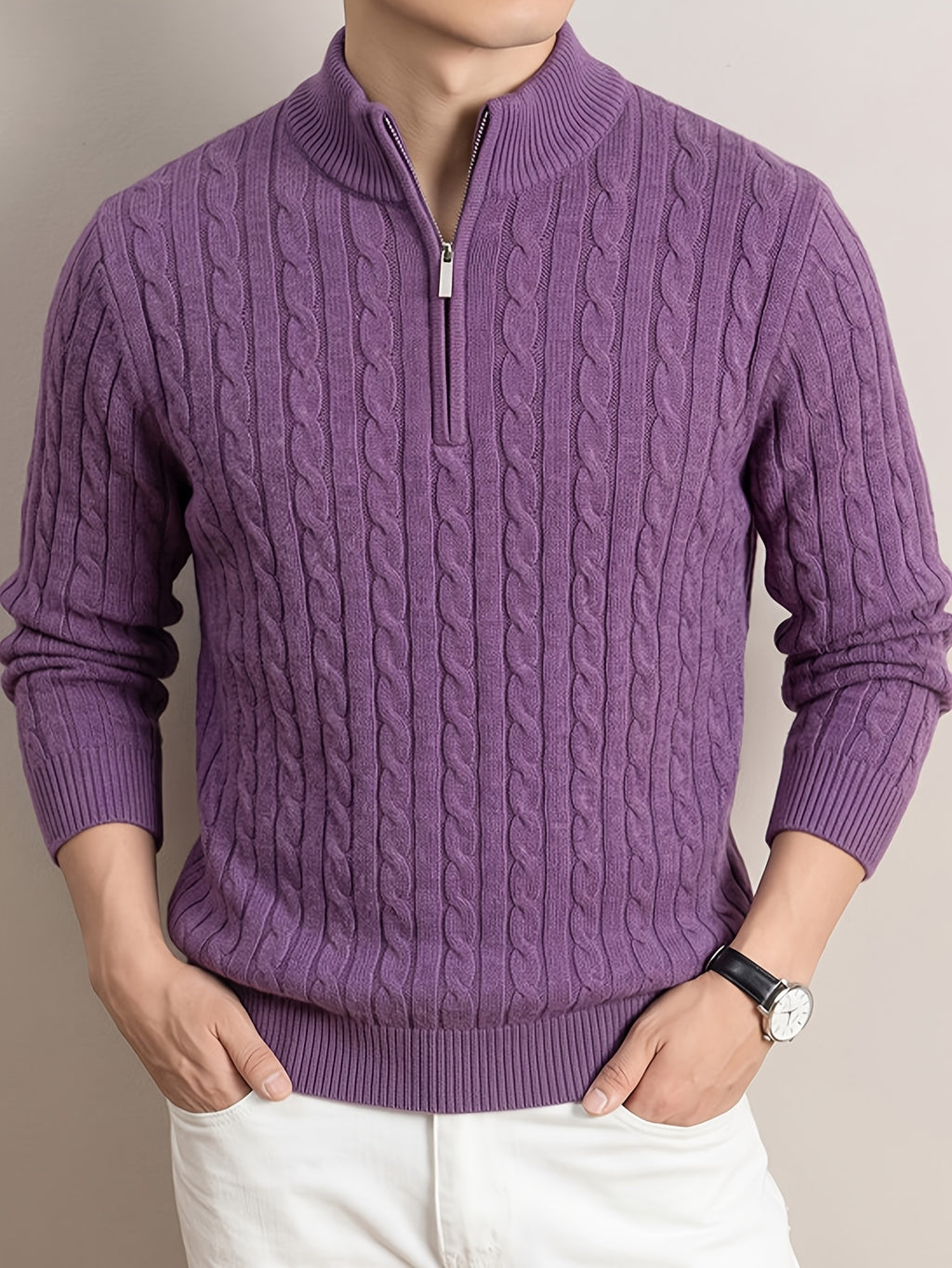 Men'S Half-Zip Jacquard Knit Sweater, Retro Luxury, Breaking The Monotony of Middle-Aged Sweaters, Suitable for Business Casual - SINBOS - Light Purple