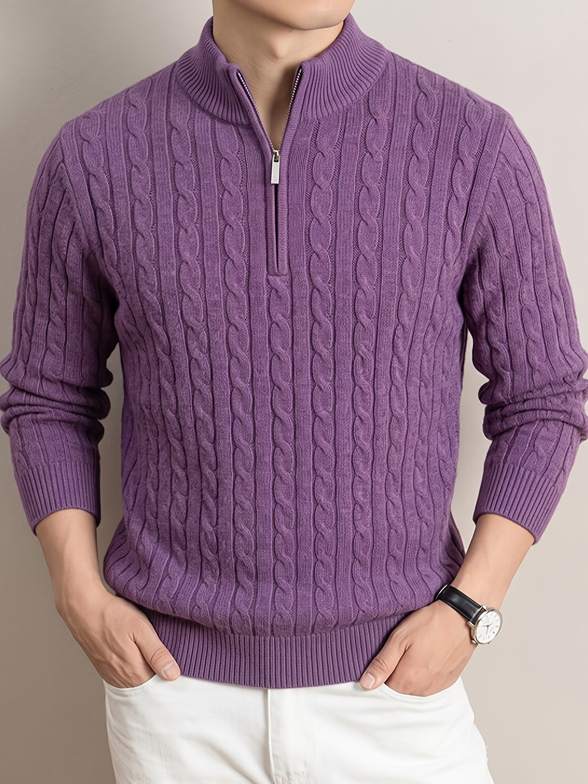 Men'S Half-Zip Jacquard Knit Sweater, Retro Luxury, Breaking The Monotony of Middle-Aged Sweaters, Suitable for Business Casual - SINBOS - Light Purple