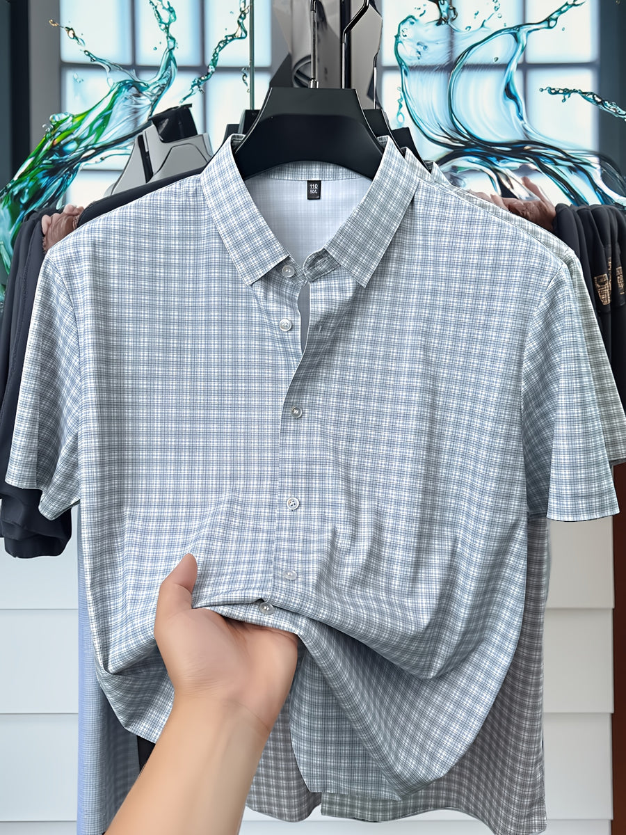 Summer Men's Ice Silky Fiber Fabric Short-Sleeve Shirt, Completely Seamless, Wrinkle-Free, Iron-Free, Business Casual, Cool, Wrinkle-Resistant, High-End and Elegant, Birthday Gift - Light Blue